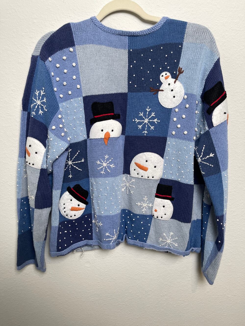 Talbots Snowman Christmas Sweater Cardigan XL Blue Patchwork Zip Holiday
